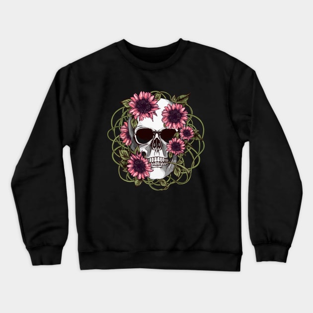 floral skull, cool skull, pink sunflowers skull mask face Crewneck Sweatshirt by Collagedream